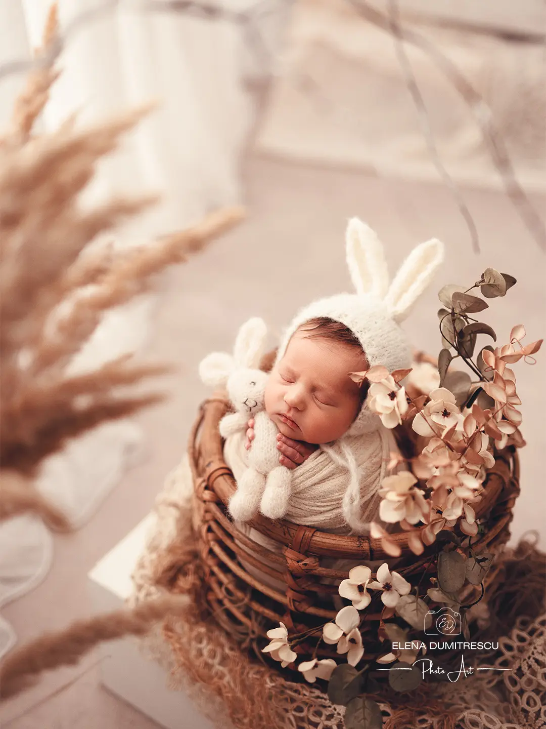 Sleeping baby in wooden bowl prop